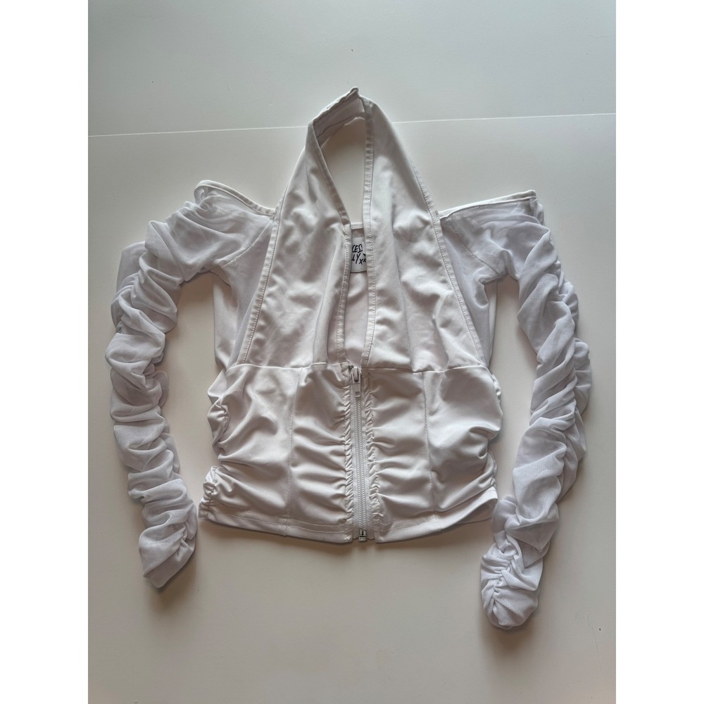 Princess Polly White Halter Zip Up Ruched Mesh Long Sleeve Shoulder Crop Top